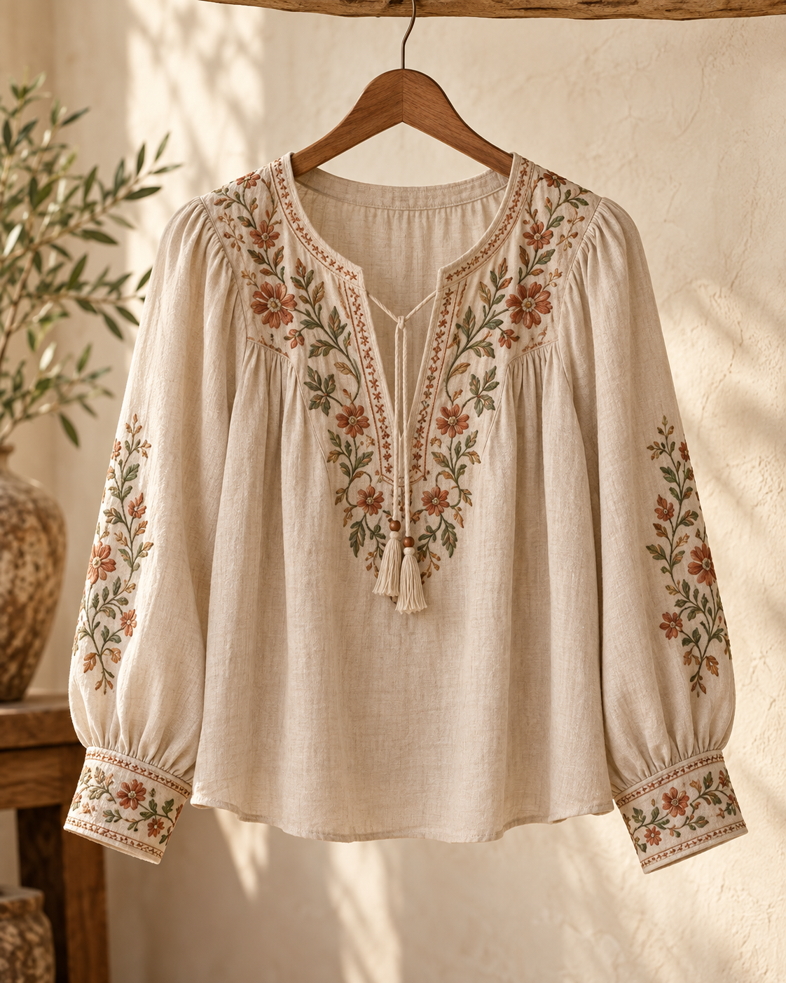 Ivory embroidered blouse with botanical needlework