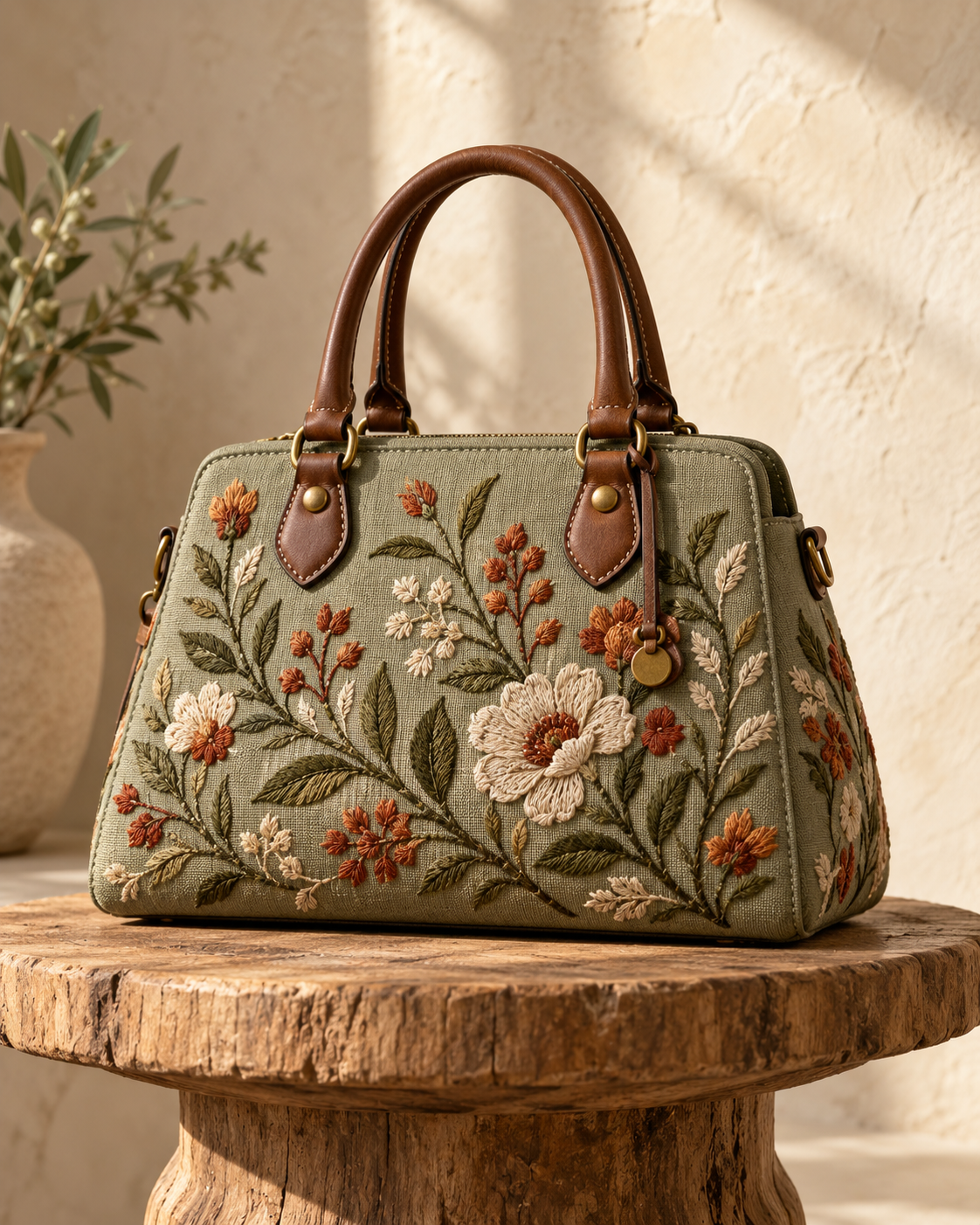 Sage handbag with botanical embroidery