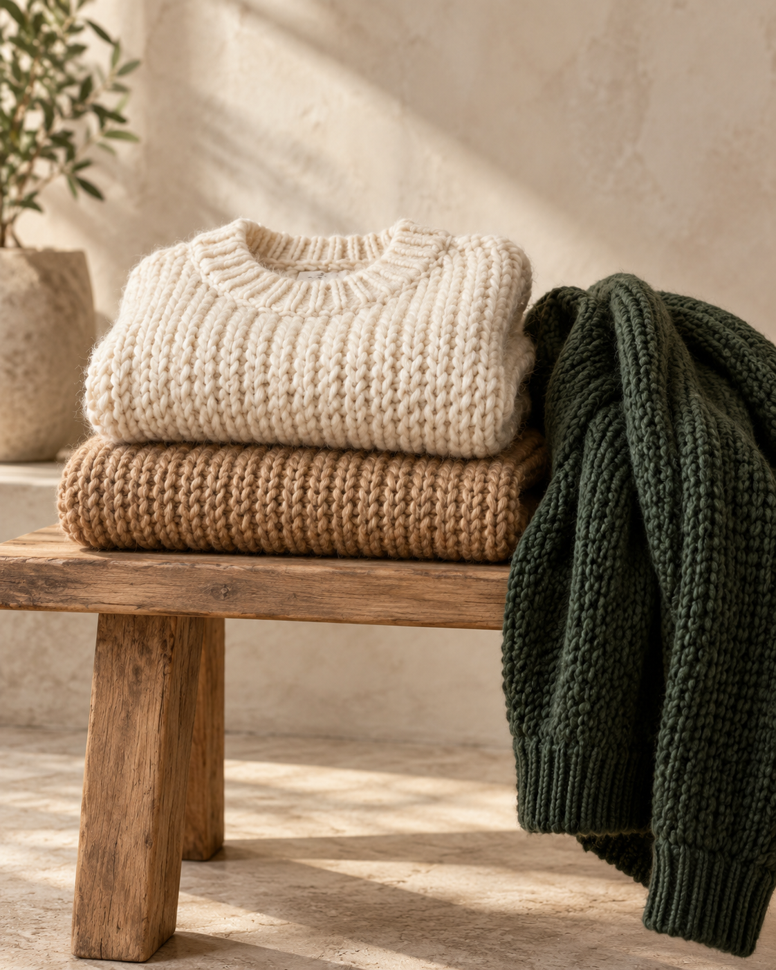Premium cream camel and forest knitwear