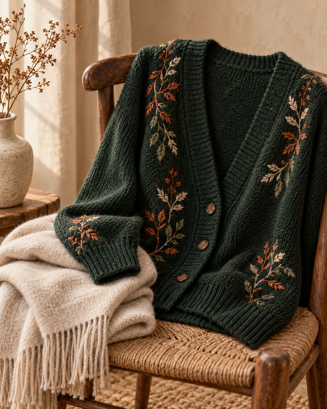 Forest knit cardigan with embroidered leaf details
