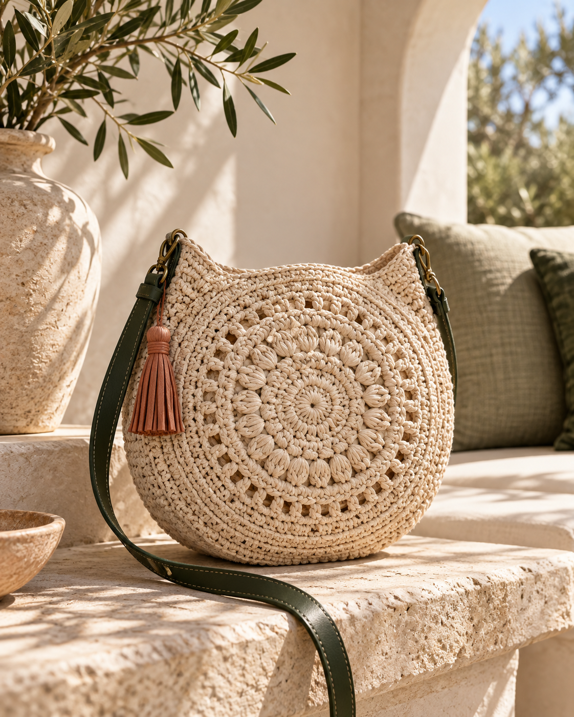 Oatmeal crochet shoulder bag with forest strap