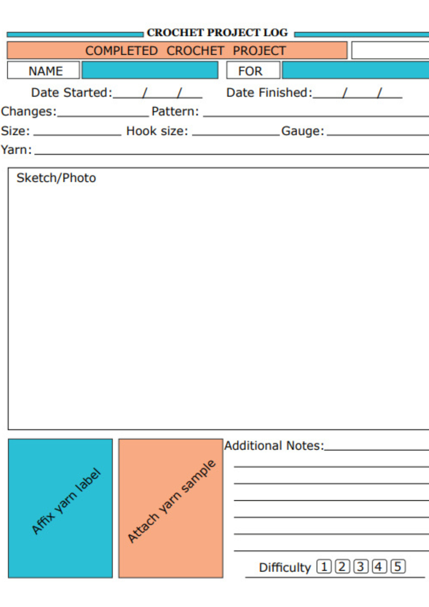 Crochet Project Log – 120 Pages (Printable eBook